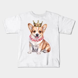 Watercolor Pembroke Welsh Corgi Dog Wearing a Crown Kids T-Shirt